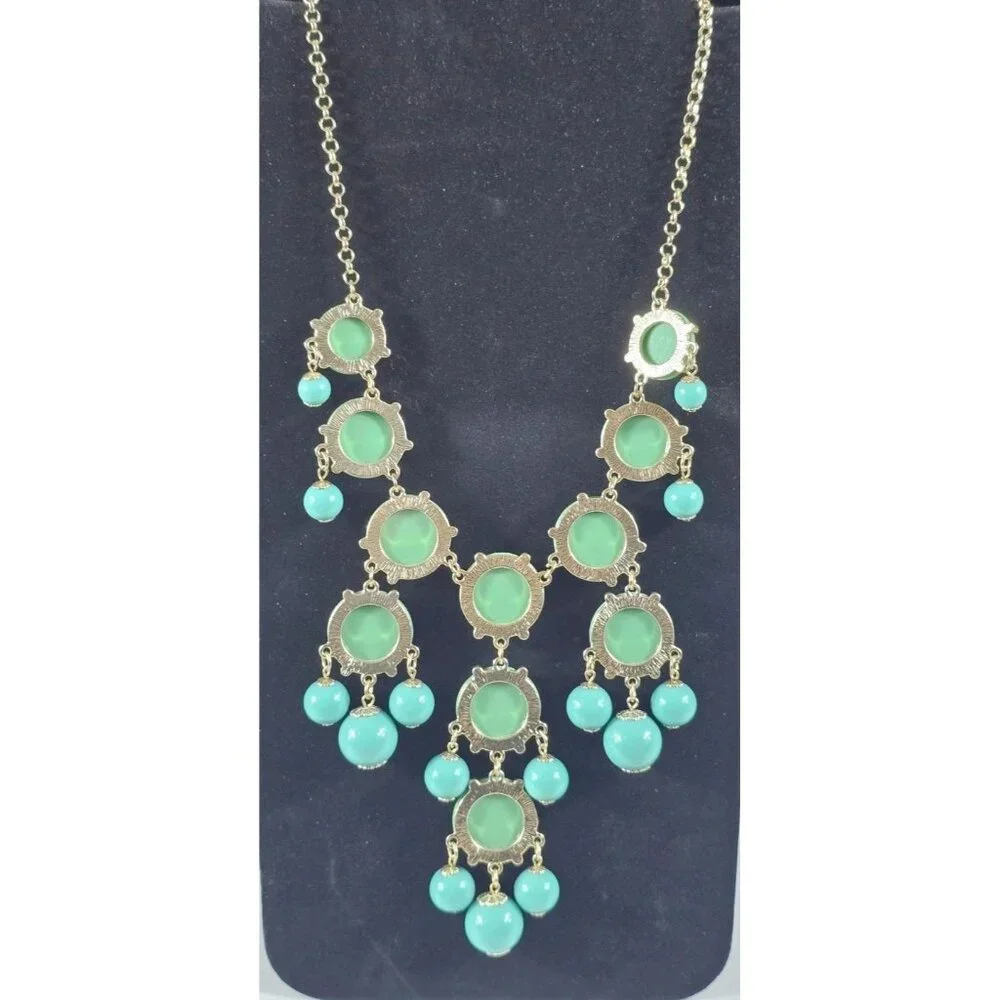 Green Faceted Statement Necklace Gold Tone Chain Chandelier Bib Necklace Vintage